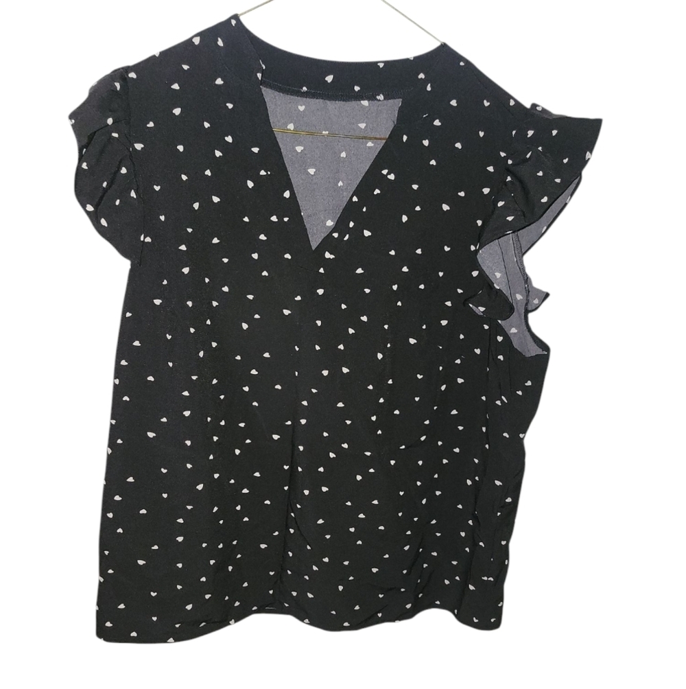 Shein Curve 2xl Black With White Hearts Blouse With Ruffled Sleeves